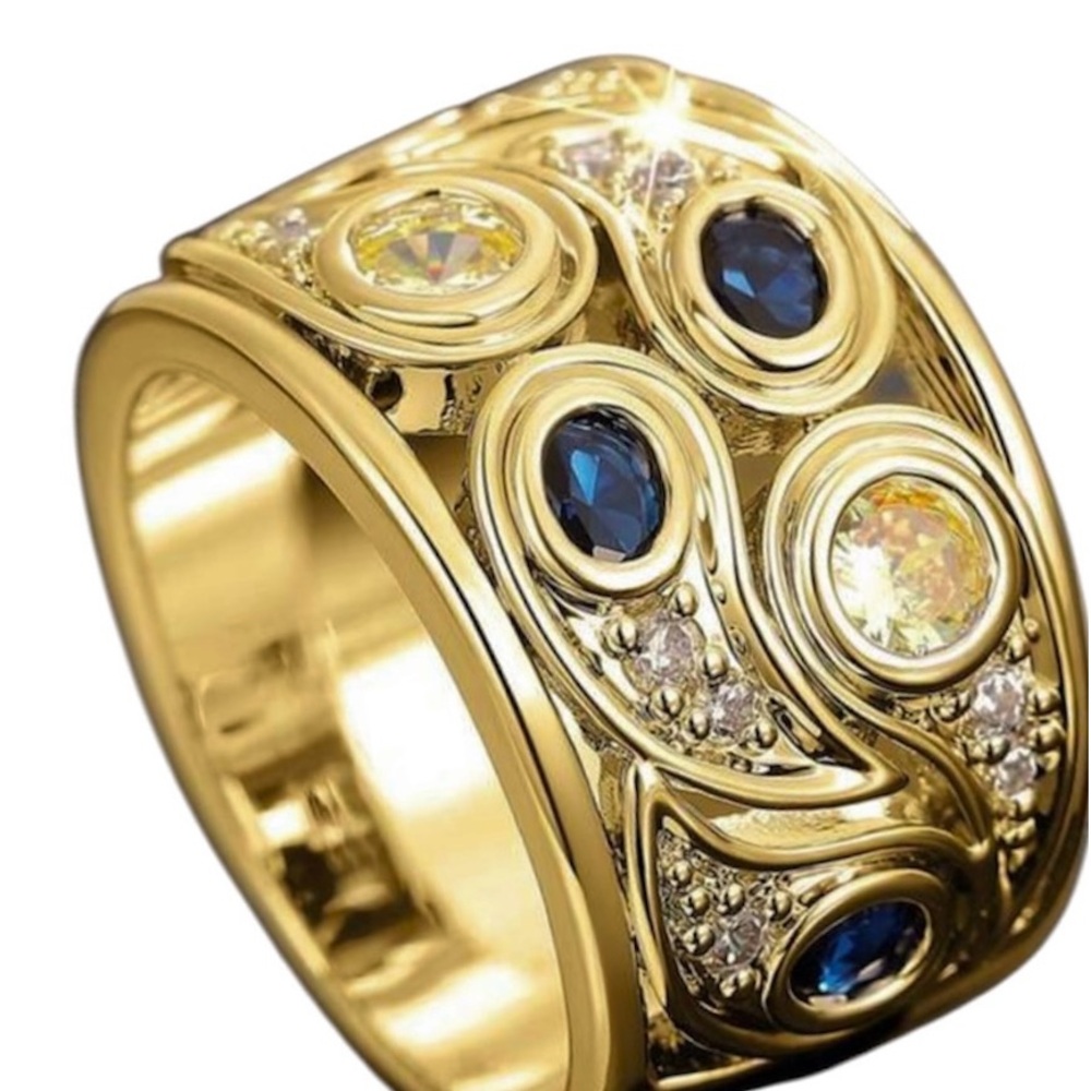 Blue Cubic Zirconia Rhinestone Wide Cigar Band Ring Gold Tone
Plated Size 6